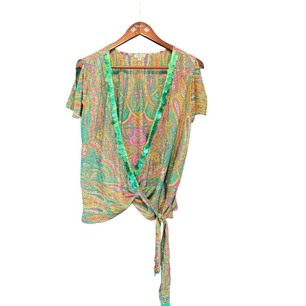 Froxx Silk Boho Paisley Sequin Trim Wrap Top Green Pink XL Lightweight Festival